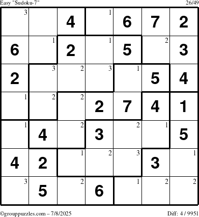 The grouppuzzles.com Easy Sudoku-7 puzzle for Tuesday July 8, 2025 with the first 3 steps marked