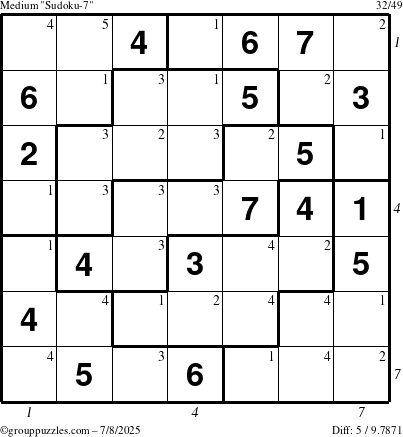 The grouppuzzles.com Medium Sudoku-7 puzzle for Tuesday July 8, 2025 with all 5 steps marked