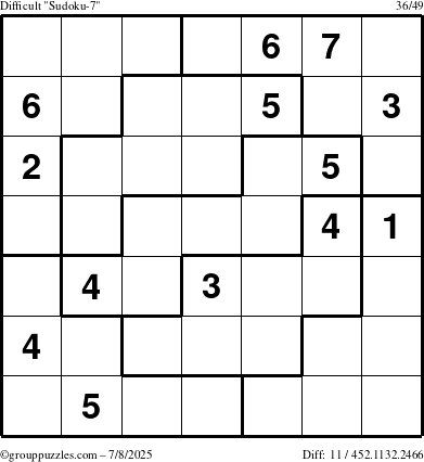 The grouppuzzles.com Difficult Sudoku-7 puzzle for Tuesday July 8, 2025