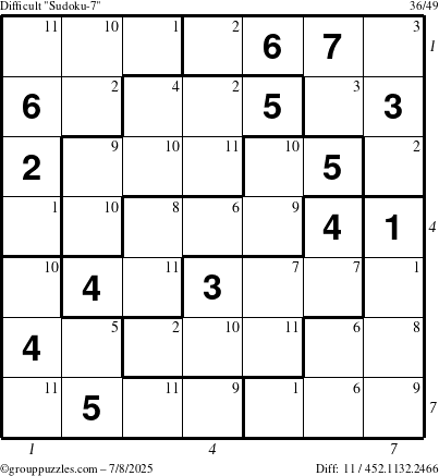 The grouppuzzles.com Difficult Sudoku-7 puzzle for Tuesday July 8, 2025 with all 11 steps marked