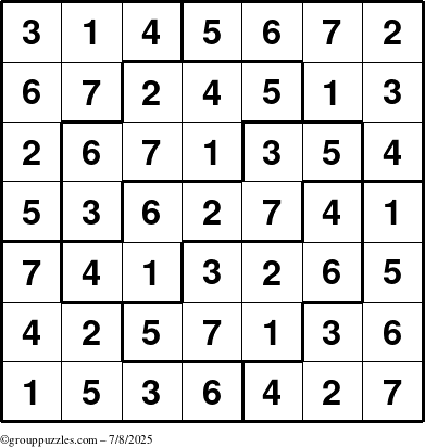 The grouppuzzles.com Answer grid for the Sudoku-7 puzzle for Tuesday July 8, 2025