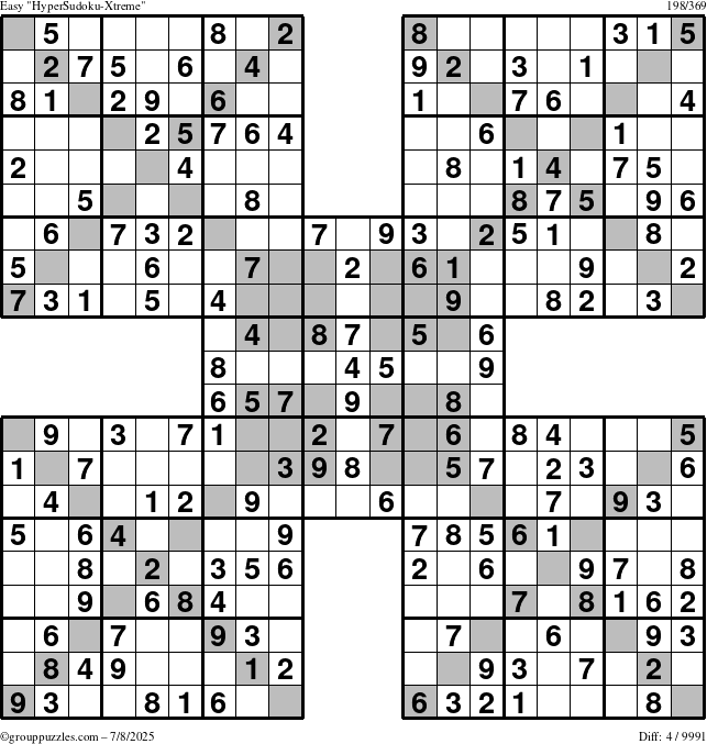 The grouppuzzles.com Easy HyperSudoku-Xtreme puzzle for Tuesday July 8, 2025