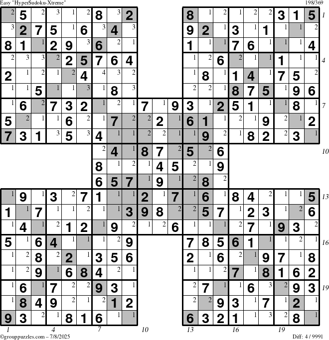 The grouppuzzles.com Easy HyperSudoku-Xtreme puzzle for Tuesday July 8, 2025 with all 4 steps marked