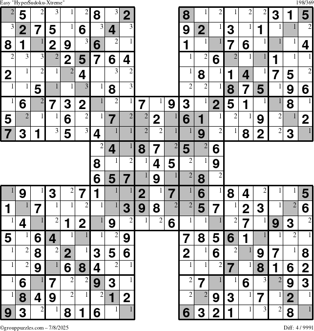 The grouppuzzles.com Easy HyperSudoku-Xtreme puzzle for Tuesday July 8, 2025 with the first 3 steps marked