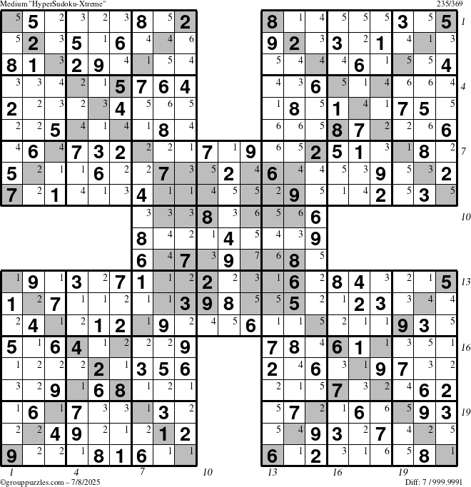 The grouppuzzles.com Medium HyperSudoku-Xtreme puzzle for Tuesday July 8, 2025 with all 7 steps marked
