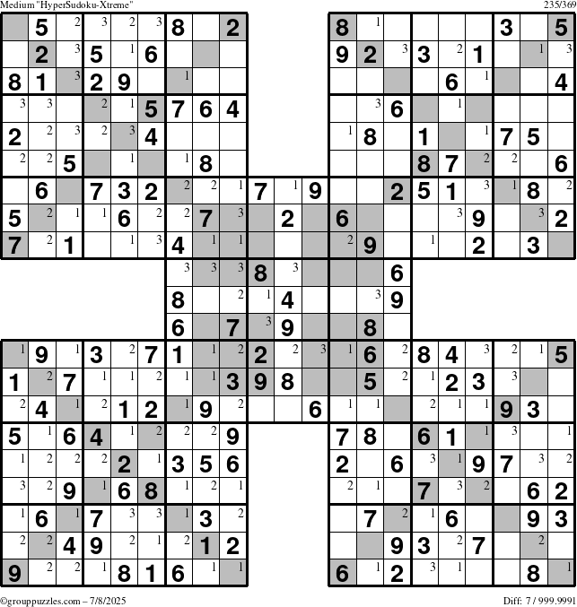 The grouppuzzles.com Medium HyperSudoku-Xtreme puzzle for Tuesday July 8, 2025 with the first 3 steps marked