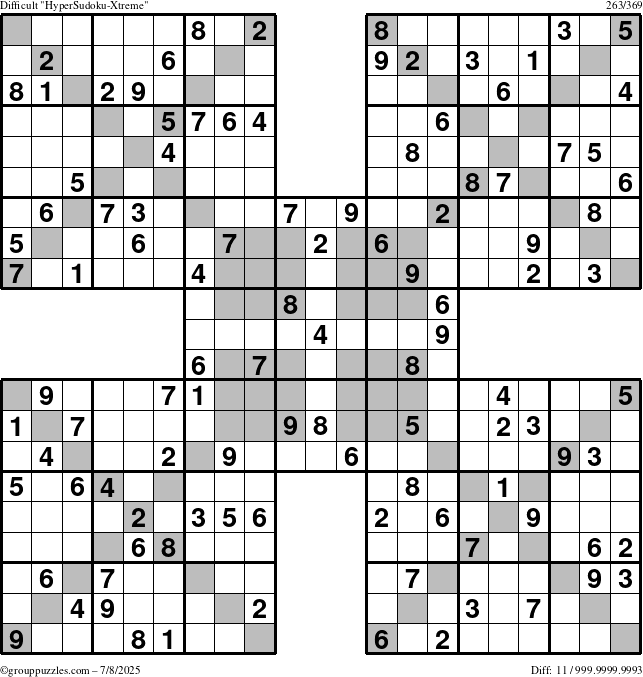 The grouppuzzles.com Difficult HyperSudoku-Xtreme puzzle for Tuesday July 8, 2025