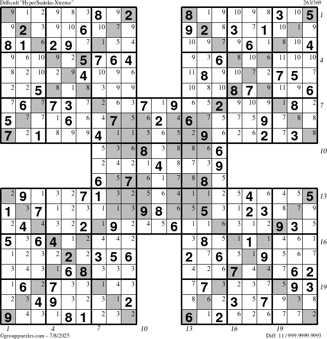 The grouppuzzles.com Difficult HyperSudoku-Xtreme puzzle for Tuesday July 8, 2025 with all 11 steps marked