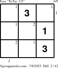 The grouppuzzles.com Easy TicTac-123 puzzle for Tuesday July 8, 2025 with all 2 steps marked