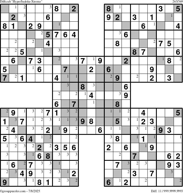 The grouppuzzles.com Difficult HyperSudoku-Xtreme puzzle for Tuesday July 8, 2025 with the first 3 steps marked