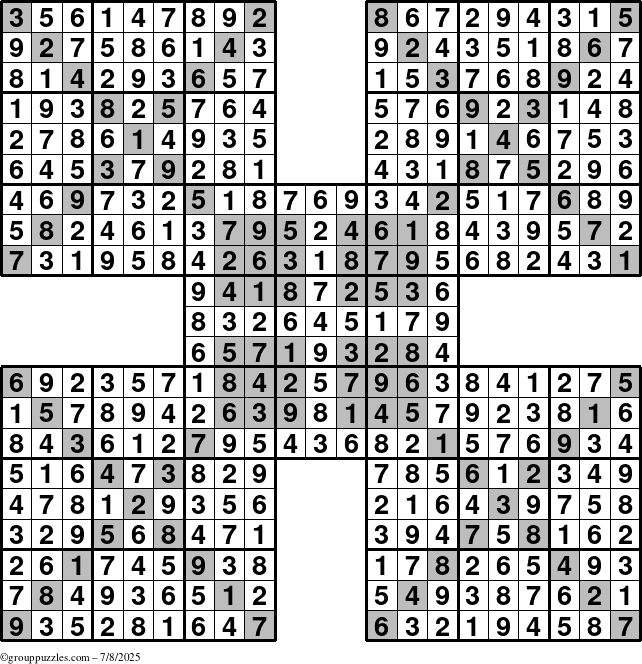 The grouppuzzles.com Answer grid for the HyperSudoku-Xtreme puzzle for Tuesday July 8, 2025