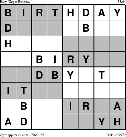 The grouppuzzles.com Easy Super-Birthday puzzle for Tuesday July 8, 2025