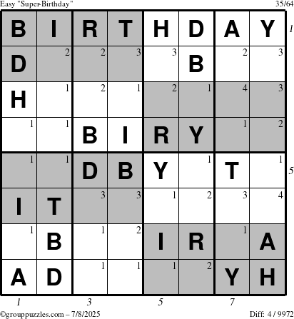 The grouppuzzles.com Easy Super-Birthday puzzle for Tuesday July 8, 2025 with all 4 steps marked