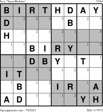 The grouppuzzles.com Easy Super-Birthday puzzle for Tuesday July 8, 2025 with the first 3 steps marked