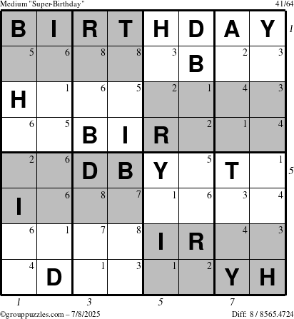 The grouppuzzles.com Medium Super-Birthday puzzle for Tuesday July 8, 2025 with all 8 steps marked
