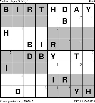 The grouppuzzles.com Medium Super-Birthday puzzle for Tuesday July 8, 2025 with the first 3 steps marked