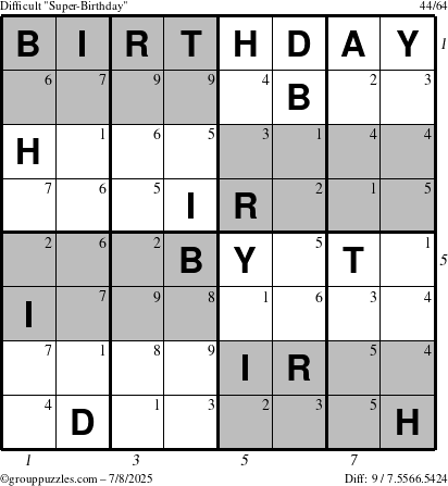 The grouppuzzles.com Difficult Super-Birthday puzzle for Tuesday July 8, 2025 with all 9 steps marked