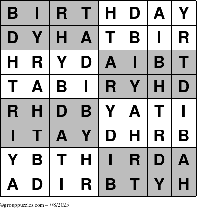The grouppuzzles.com Answer grid for the Super-Birthday puzzle for Tuesday July 8, 2025