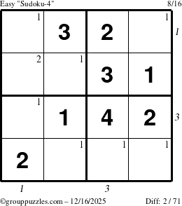 The grouppuzzles.com Easy Sudoku-4 puzzle for Tuesday December 16, 2025 with all 2 steps marked