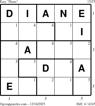 The grouppuzzles.com Easy Diane puzzle for Tuesday December 16, 2025 with all 4 steps marked