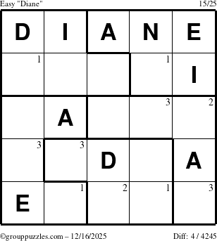 The grouppuzzles.com Easy Diane puzzle for Tuesday December 16, 2025 with the first 3 steps marked