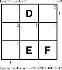 The grouppuzzles.com Easy TicTac-DEF puzzle for Tuesday December 16, 2025, suitable for printing, with all 2 steps marked