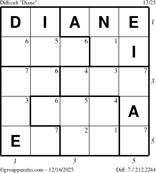 The grouppuzzles.com Difficult Diane puzzle for Tuesday December 16, 2025, suitable for printing, with all 7 steps marked
