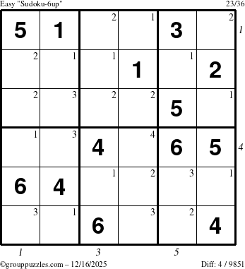 The grouppuzzles.com Easy Sudoku-6up puzzle for Tuesday December 16, 2025, suitable for printing, with all 4 steps marked
