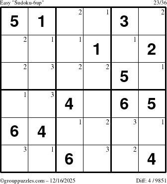 The grouppuzzles.com Easy Sudoku-6up puzzle for Tuesday December 16, 2025 with the first 3 steps marked