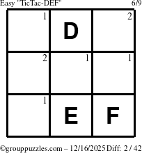 The grouppuzzles.com Easy TicTac-DEF puzzle for Tuesday December 16, 2025 with the first 2 steps marked