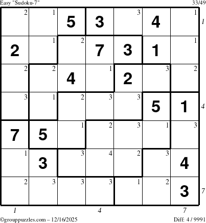 The grouppuzzles.com Easy Sudoku-7 puzzle for Tuesday December 16, 2025, suitable for printing, with all 4 steps marked