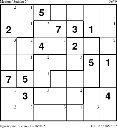 The grouppuzzles.com Medium Sudoku-7 puzzle for Tuesday December 16, 2025 with the first 3 steps marked