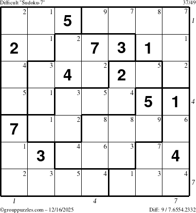 The grouppuzzles.com Difficult Sudoku-7 puzzle for Tuesday December 16, 2025, suitable for printing, with all 9 steps marked