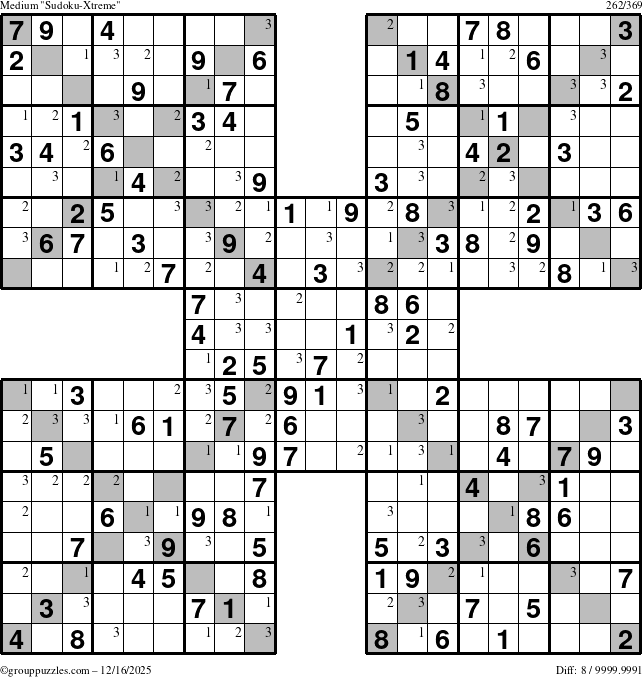 The grouppuzzles.com Medium Sudoku-Xtreme puzzle for Tuesday December 16, 2025 with the first 3 steps marked