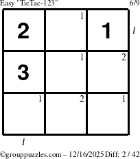 The grouppuzzles.com Easy TicTac-123 puzzle for Tuesday December 16, 2025 with all 2 steps marked