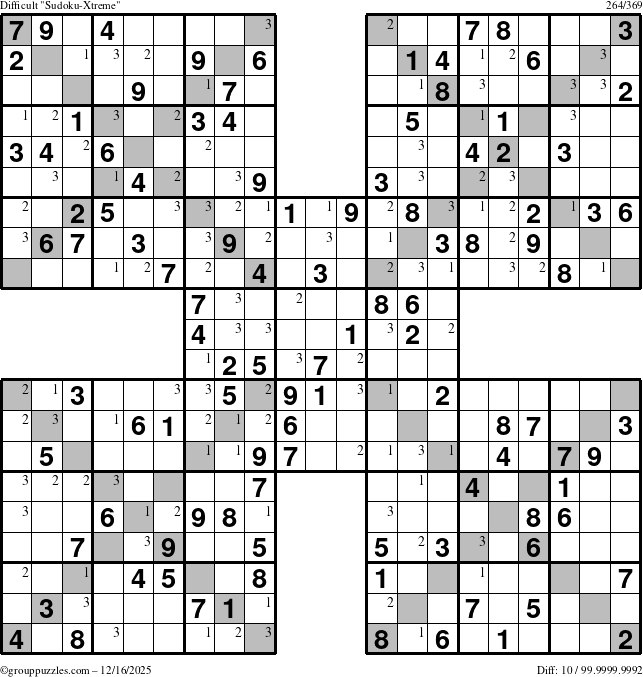 The grouppuzzles.com Difficult Sudoku-Xtreme puzzle for Tuesday December 16, 2025 with the first 3 steps marked