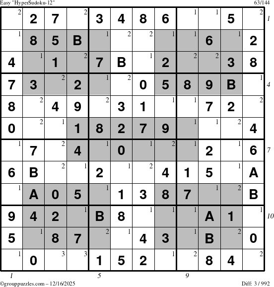 The grouppuzzles.com Easy HyperSudoku-12 puzzle for Tuesday December 16, 2025, suitable for printing, with all 3 steps marked
