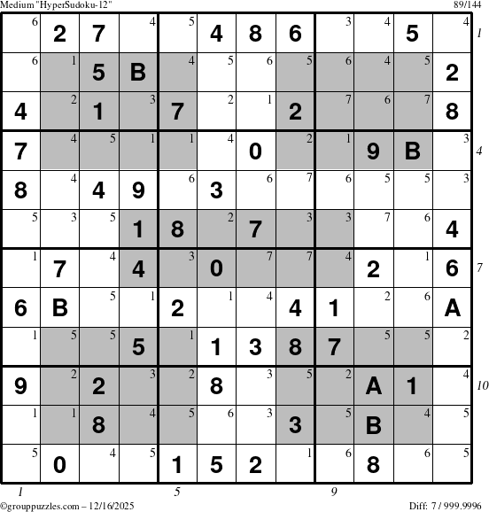 The grouppuzzles.com Medium HyperSudoku-12 puzzle for Tuesday December 16, 2025, suitable for printing, with all 7 steps marked