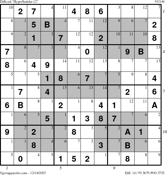 The grouppuzzles.com Difficult HyperSudoku-12 puzzle for Tuesday December 16, 2025, suitable for printing, with all 14 steps marked