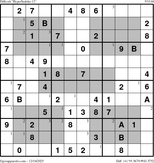 The grouppuzzles.com Difficult HyperSudoku-12 puzzle for Tuesday December 16, 2025 with the first 3 steps marked
