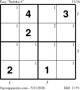 The grouppuzzles.com Easy Sudoku-4 puzzle for Thursday May 21, 2026, suitable for printing, with all 2 steps marked