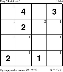 The grouppuzzles.com Easy Sudoku-4 puzzle for Thursday May 21, 2026 with the first 2 steps marked