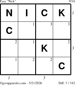 The grouppuzzles.com Easy Nick puzzle for Thursday May 21, 2026, suitable for printing, with all 3 steps marked