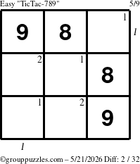 The grouppuzzles.com Easy TicTac-789 puzzle for Thursday May 21, 2026 with all 2 steps marked