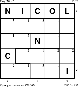 The grouppuzzles.com Easy Nicol puzzle for Thursday May 21, 2026 with all 3 steps marked