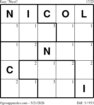 The grouppuzzles.com Easy Nicol puzzle for Thursday May 21, 2026 with the first 3 steps marked