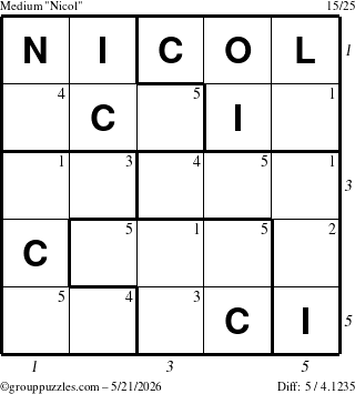 The grouppuzzles.com Medium Nicol puzzle for Thursday May 21, 2026, suitable for printing, with all 5 steps marked