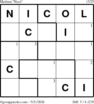 The grouppuzzles.com Medium Nicol puzzle for Thursday May 21, 2026 with the first 3 steps marked