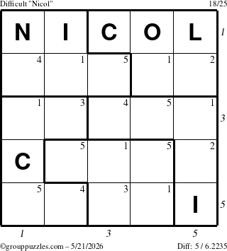 The grouppuzzles.com Difficult Nicol puzzle for Thursday May 21, 2026, suitable for printing, with all 5 steps marked