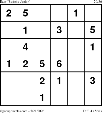 The grouppuzzles.com Easy Sudoku-Junior puzzle for Thursday May 21, 2026